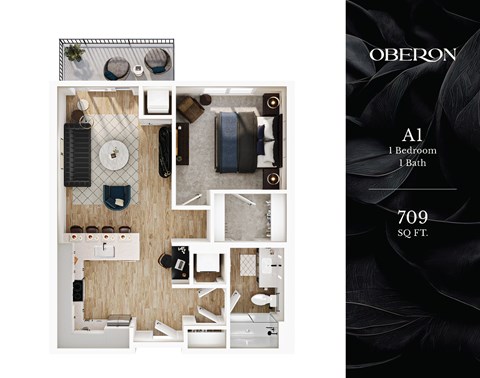 Floor plan for 1 bed, 1 bath, 709 sqft